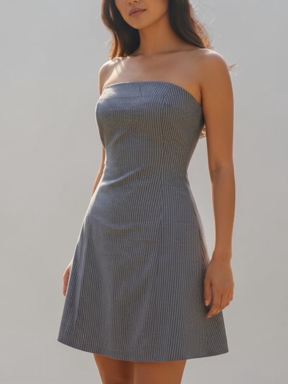 Le Lis Pinstripe Strapless Mini Dress Grey White Smocked Office Siren Small NWT